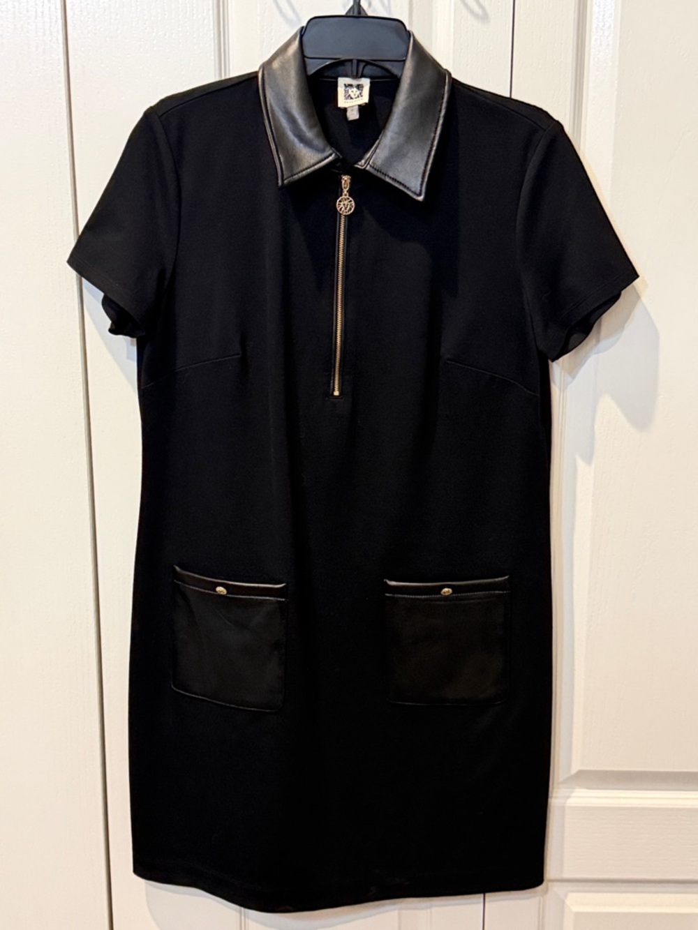 NWOT Anne Klein Black Short Sleeve Mini Polo Dress with Faux Leather Collar Sz M